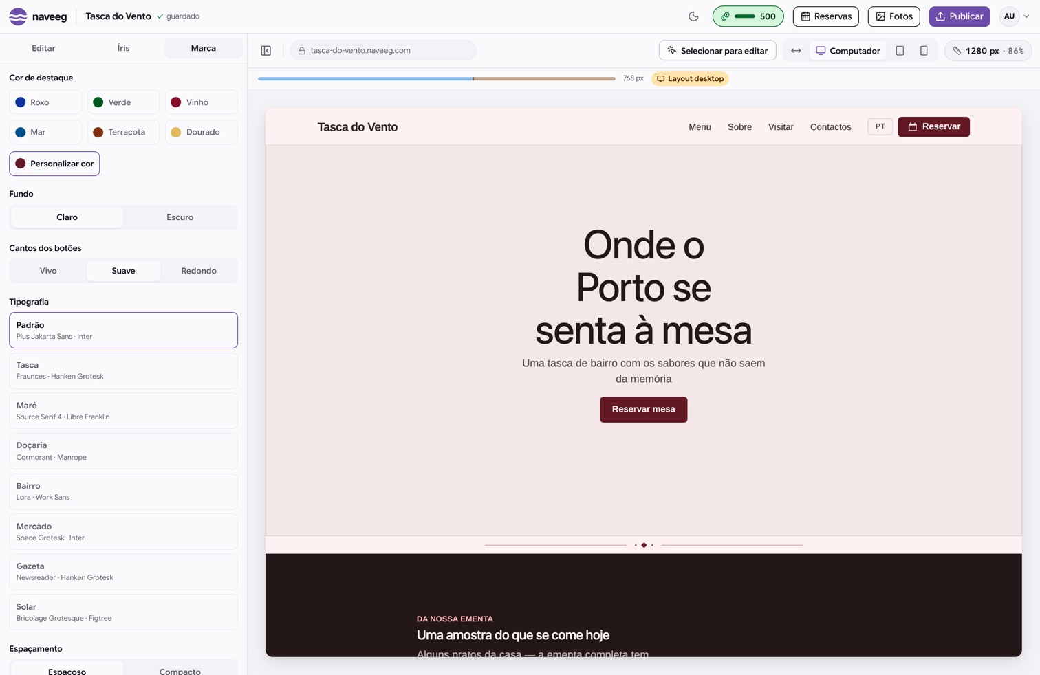 O painel de Marca da Naveeg: cor de destaque, tipografia e espaçamento, sobre o site ao vivo.