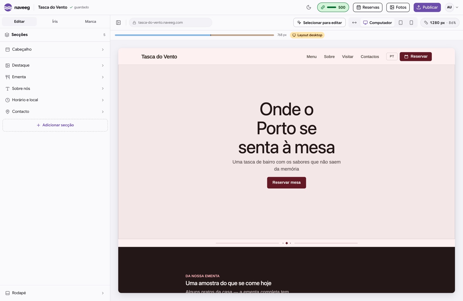 O editor da Naveeg: a lista de secções à esquerda e a pré-visualização do site ao centro.