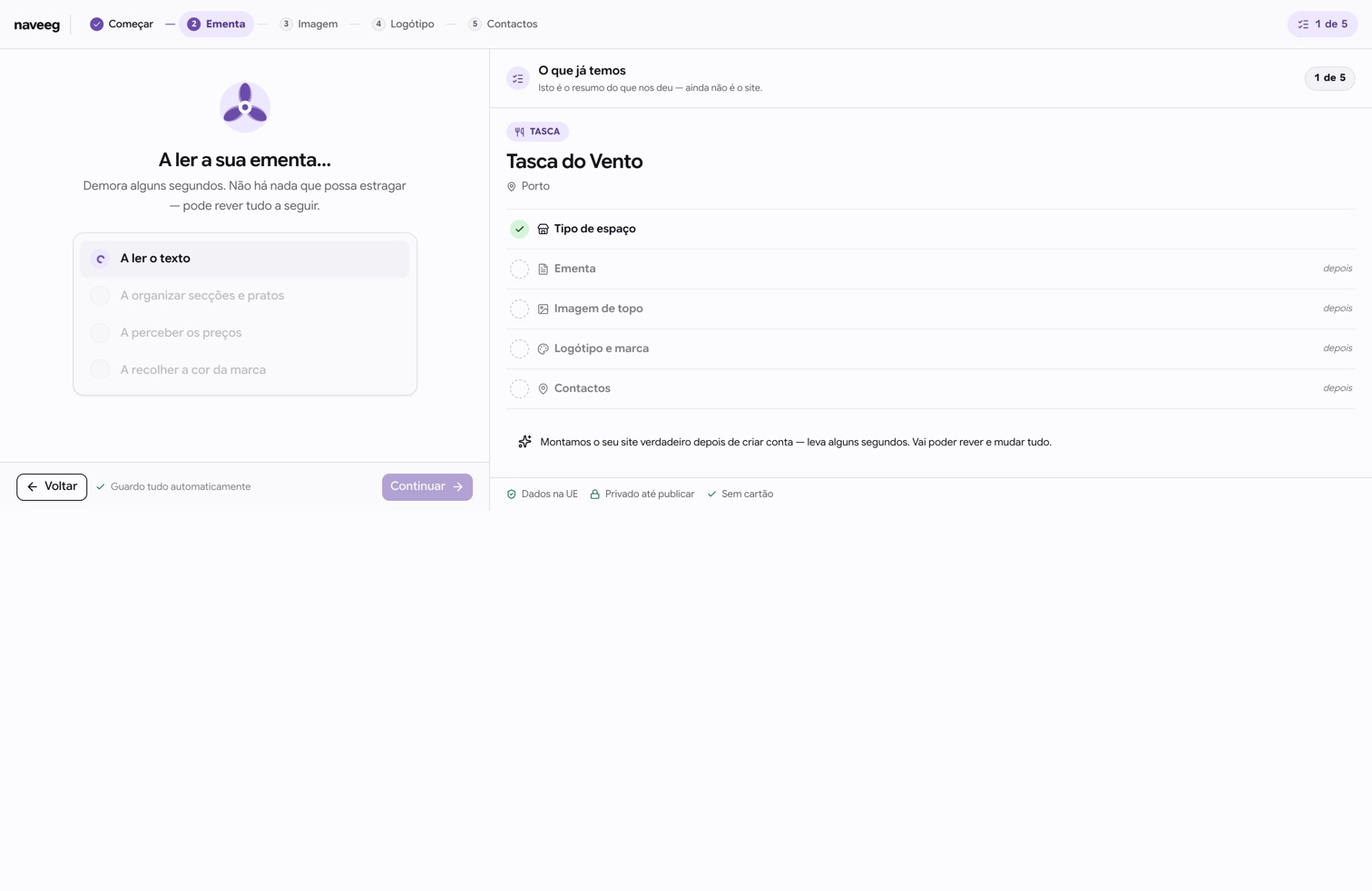 A app da Naveeg a ler uma ementa: a recolher o texto, as secções, os preços e a cor da marca.